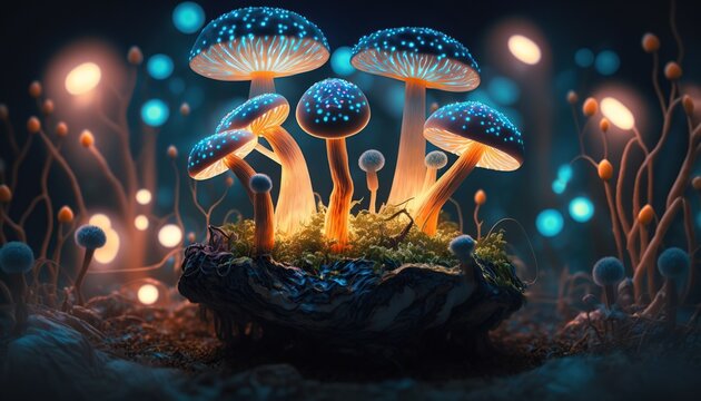 Glowing mushrooms in a mystical forest setting