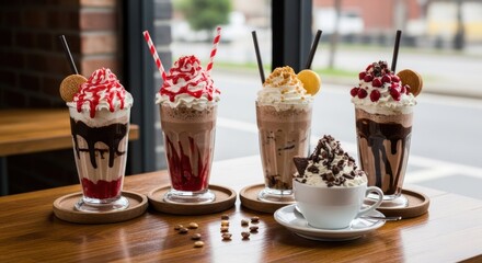 Four tall milkshakes and one coffee cup sit on a polished wooden table