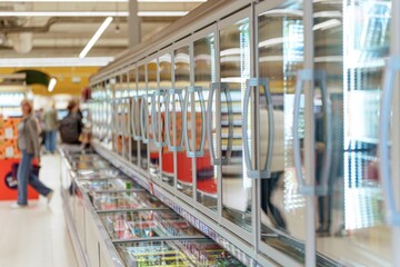 Frozen food aisle with glass door freezers in supermarket.