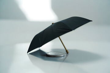 A miniature black umbrella is propped up over a coin on a white surface, under bright lighting, suggesting protection of funds