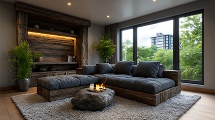 Fototapeta premium A realistic high-definition photo of a family room with large sectional couch and media unit.