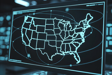 A computer screen displays a glowing outline of the United States map with radiating network lines