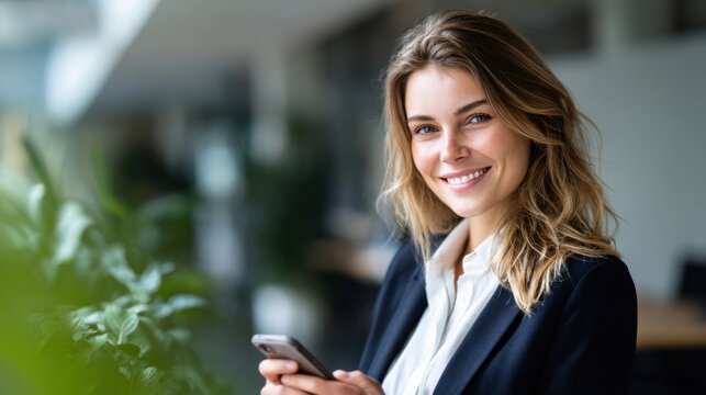 Friendly young woman using smartphone in modern office environment smiling brightly.