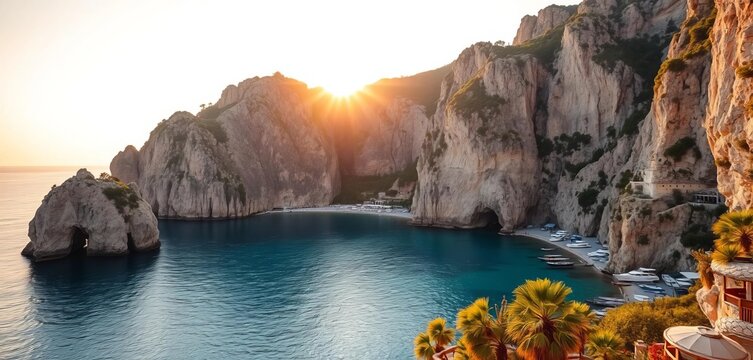 Golden sunset hues paint the dramatic cliffs and turquoise waters of Capri's coastal bay,  panorama,  beautiful