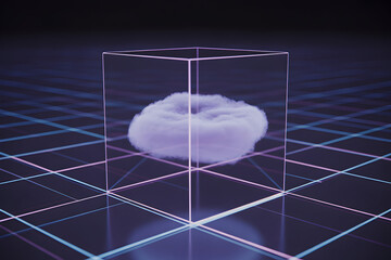 A fluffy cloud is displayed inside a transparent box on a digital grid Conceptual security stock footage imagery