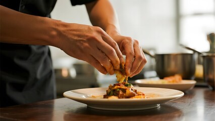 Chef garnishing a plated dish with fresh ingredients in a kitchen setting