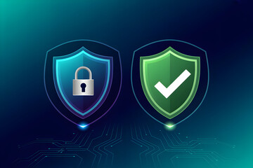 Two shields, one with an open padlock and one with a green checkmark, against a gradient teal background Stock cybersecurity concept