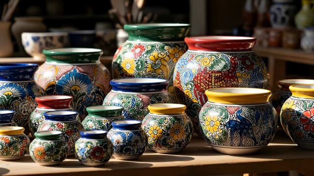 Colorful Mexican Pottery Collection - A vibrant display of handcrafted ceramic pots showcases intricate floral and animal designs in a variety of sizes and colors.
