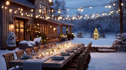 Fototapeta premium Rustic Holiday Gathering Table Decorated for Winter Celebration