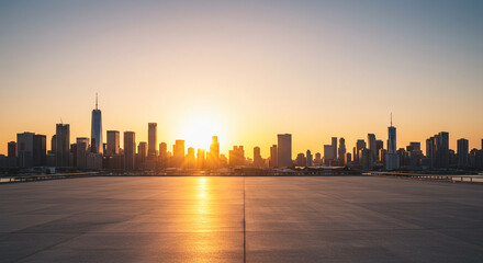 The breathtaking silhouette of a metropolitan skyline is illuminated by the warm glow of a radiant sunset, casting long shadows over the tranquil waters below, creating a serene atmosphere.