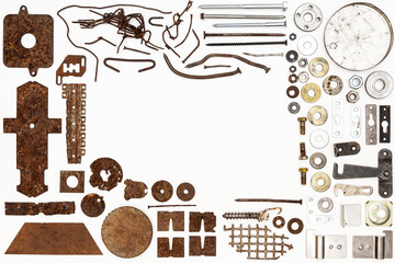 A group of various old and new bits and pieces arranged on white. Old rusty nuts, bolts, nails and...