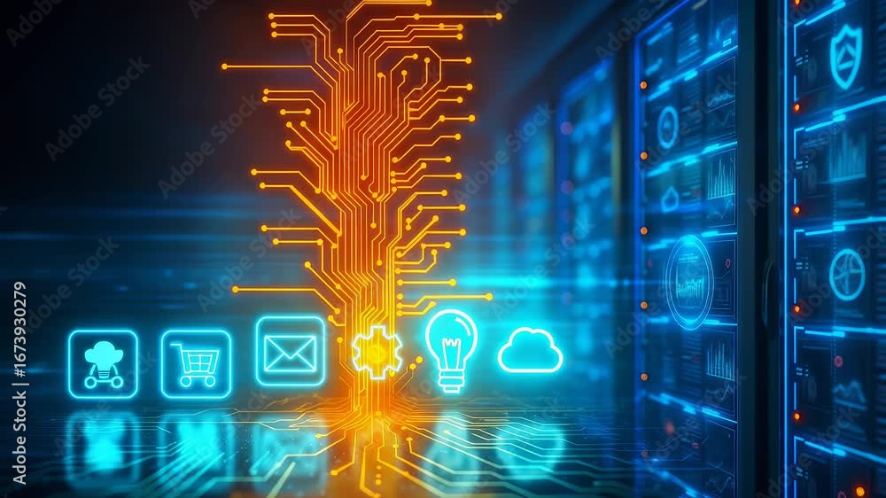 Poster data processing and digital network concept with cloud shopping email and server icons