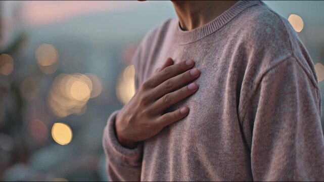 Zoom out on man's hand resting over the heart, with soft-focus in the background. Scene symbolizing emotional self-awareness.