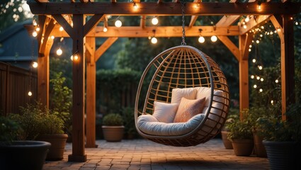 Cozy hanging egg chair with string lights under a wooden pergola at dusk