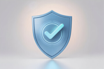 A light blue shield graphic with a checkmark, symbolizing security, set with a clean studio background