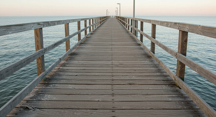Wooden pier extends into the calm ocean, leading the viewer's eye toward the distant horizon under a soft, overcast sky, evoking a sense of tranquility.