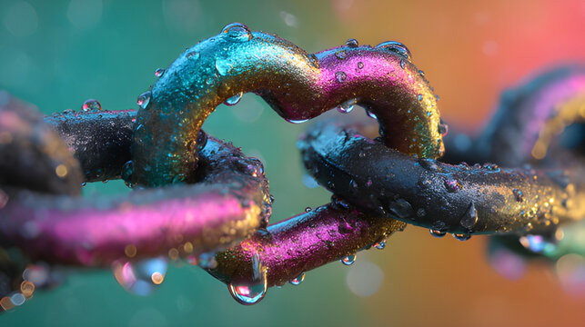 Colorful rusty metal chain broken hearted bound and secured entwine in chain. unbreakable metal heart possessiveness marital interlock, freedom in Christ unbreakable bond