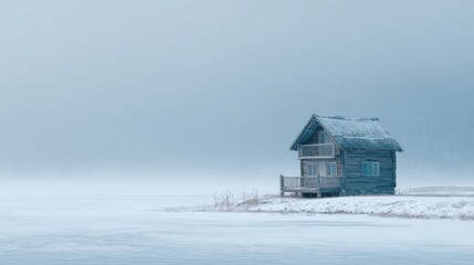 Winter Cabin Retreat by Frozen Lake in Tranquil Landscape