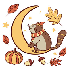 Cute SVG of a Excited Chonky cat in Autumn Leaves colors, featuring sitting on a moon in a Autumn setting