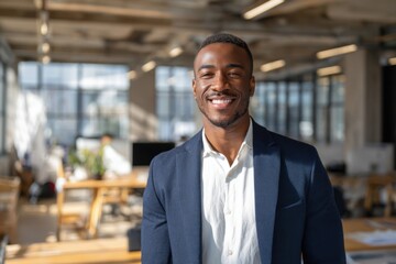 Fototapeta premium Smiling young African American businessman in formal suit standing indoors in modern office space.
