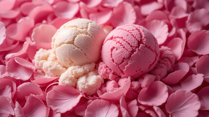 A symphony of vibrant pink, where scoops of ice cream in shades of vanilla and strawberry, nestled amidst a backdrop of delicate pink petals, beckoning with their promise of cool refreshment.