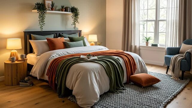 Cozy Bedroom Interior Design with Natural Tones - A stylish bedroom features a king-size bed with orange and green throws, a chunky knit rug, and a comfortable armchair.