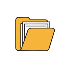 A simplified illustration of an open yellow folder containing several white sheets of paper.