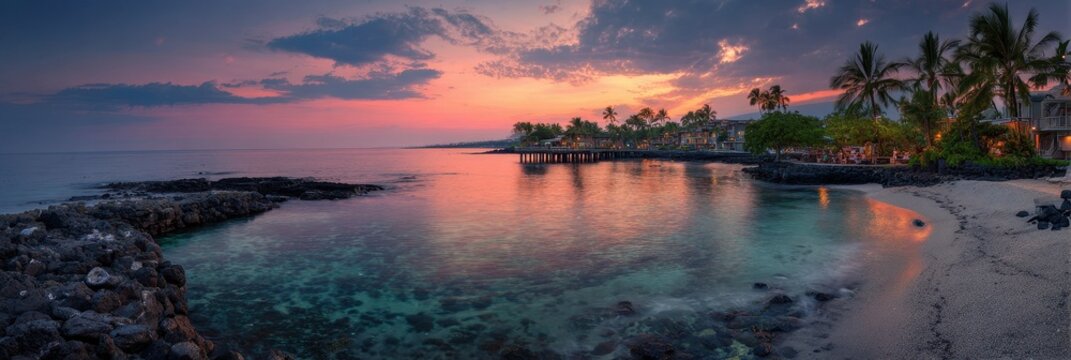 Kailua Kona Hawaii - Pier Sunset Panorama Overlooking Ocean Beach