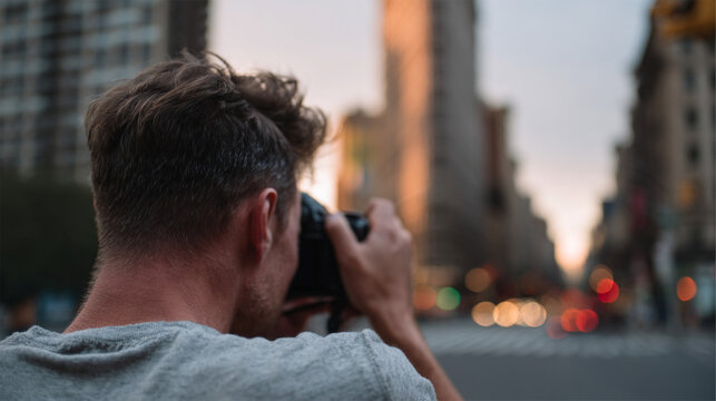 Back view of a photographer taking pictures of a city street at sunset.