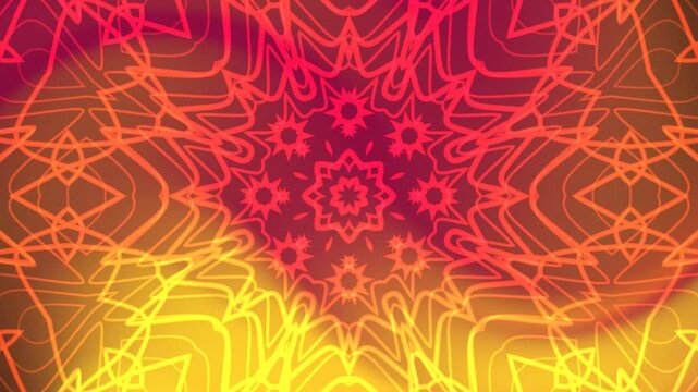 Animated kaleidoscope orange pattern with repeated star shapes on a yellow background. Suitable for backgrounds, decorations, and graphic design projects.