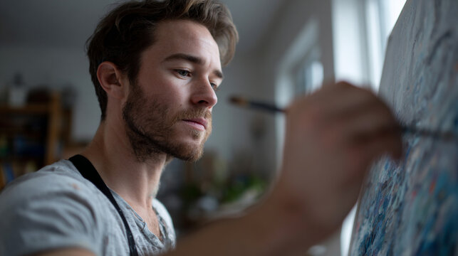 Artist painting on canvas in bright studio. - Powered by Adobe