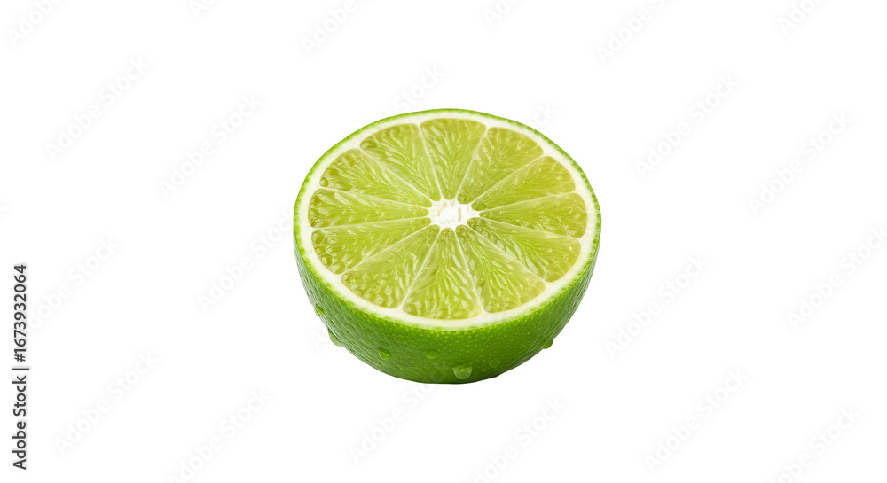 Poster lime half sits against a solid isolated background with the cut side facing up showing its vibrant g
