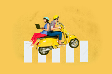 Poster art collage of person sit stand drive bike on column brick over yellow background