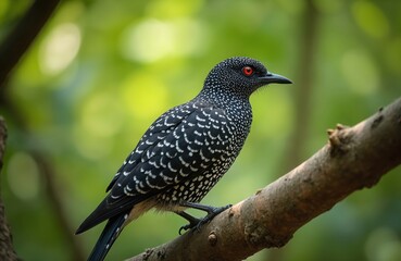 Obraz premium Close-up portrait of Asian Koel female perched on tree branch in green jungle environment. Beautiful avian species features striking plumage with black feathers dotted with white spots, vibrant red