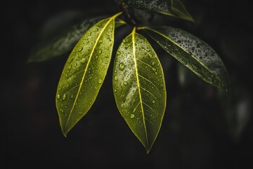 Close-up of vibrant green leaves, glistening with water droplets