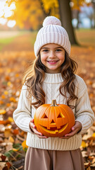 portrait little girl with Jack O Lantern pumpkin in the colorful autumn park, soft light, cinematic effect