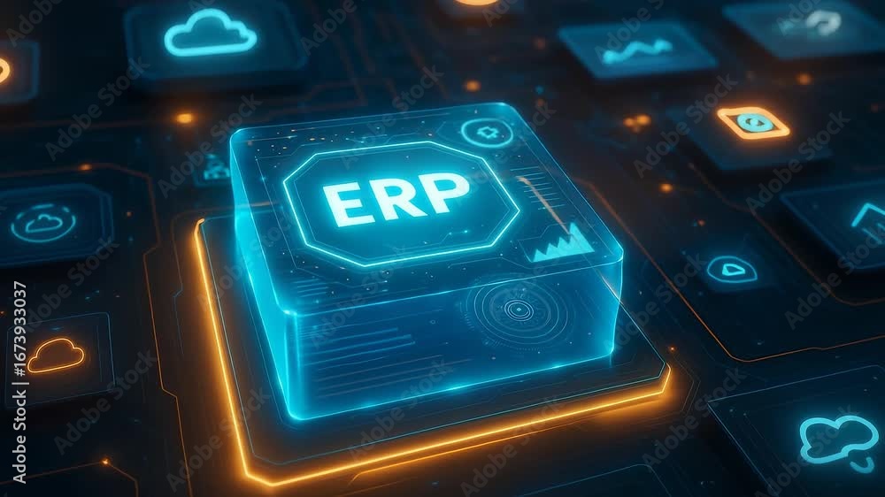 Poster erp cube icons cloud charts network technology system interface display