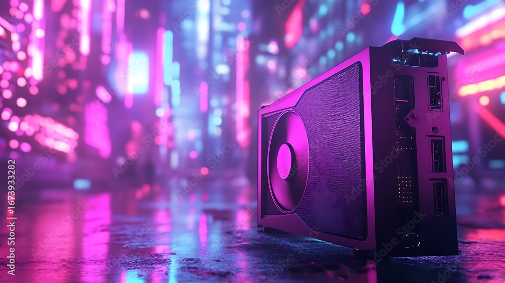 Poster graphics processing unit gpu computer hardware component gaming pc technology neon lights purple aes