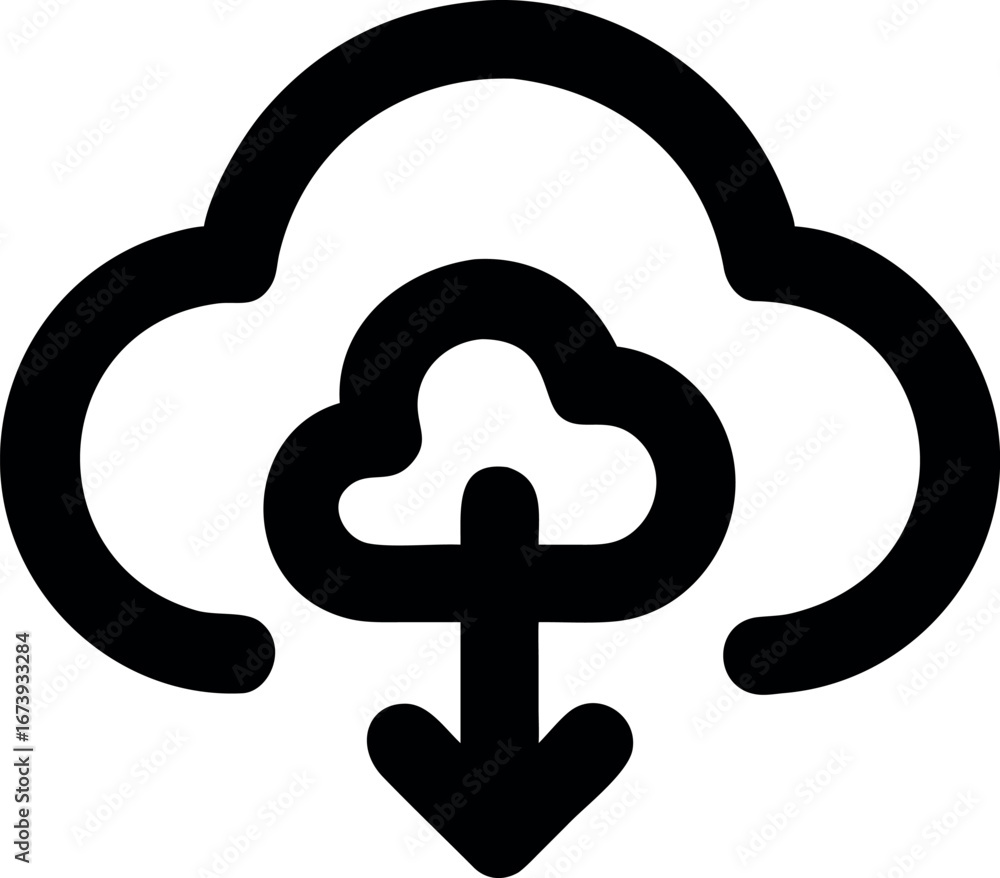 Poster monochrome vector icon of a cloud with a downward arrow, symbolizing the process of downloading data