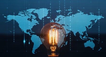 Glowing light bulb in front of a blue world map with digital binary code