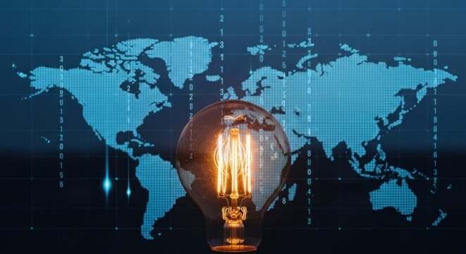 Glowing light bulb in front of a blue world map with digital binary code