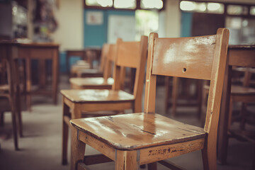 Empty classroom with vintae tone wooden chairs. Backto school concept.