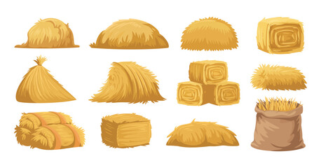 Assortment of Hay Bales and Stacks for Agricultural, Farming, and Rural Scene Illustrations