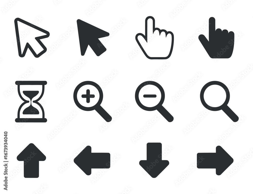 Poster cursor and magnifier icon set vector illustration: essential ui elements for web and application des