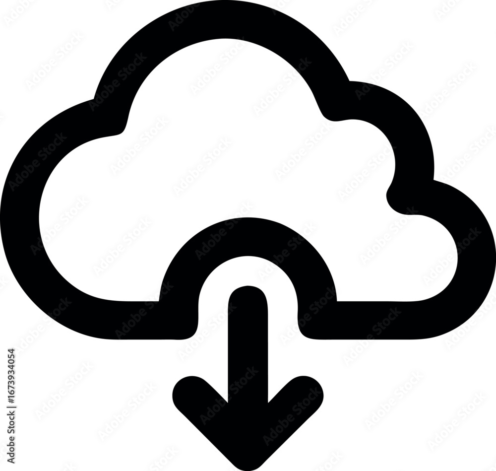 Poster vector illustration of a cloud with a download arrow, a simple line icon symbolizing digital data tr