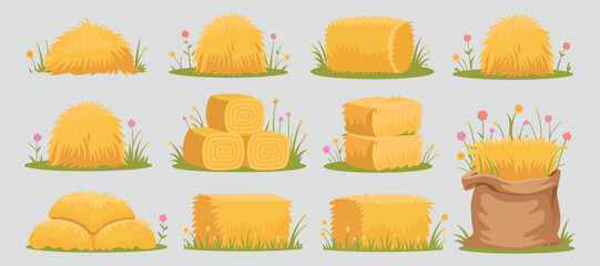 Hay Bale Collection Vector Illustration: Rustic Farm Harvest Elements for Agricultural Design Projects and Rural Scenes © MOHAMMAD
