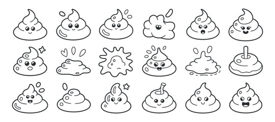 Collection of Cute Cartoon Poop Emoticons with Different Expressions on Transparent Background for Design Elements