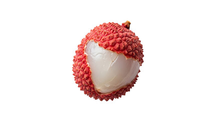 Lychee fruit shows exposed flesh where part of the bumpy pink skin has been peeled back on isolated background.