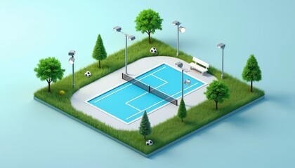 Isometric park with bright blue paddle tennis court, swimming pool, soccer ball, green trees. Features stadium lights, white bench, grassy landscape. Ideal for sports, recreation, summer activity