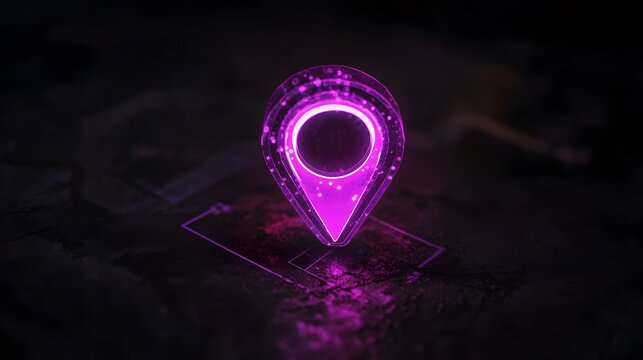Glowing Neon Purple Location Pin Marker on Dark Surface